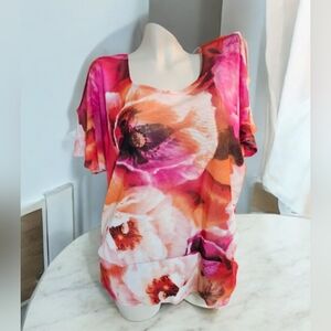 Denver Hayes Pink and Orange Floral Blouse, Stretchy.